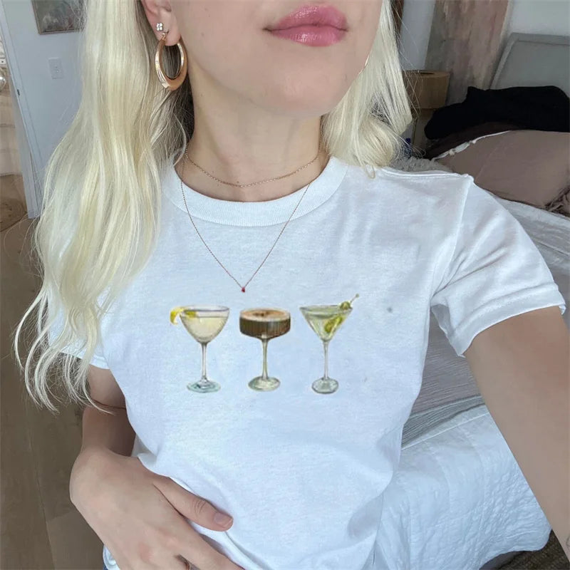 y2k Baby Tee Women Aesthetic Clothes Fruit/Wine Cup Print Round Neck Short Sleeve Crop Top Graphic T Shirt Streetwear