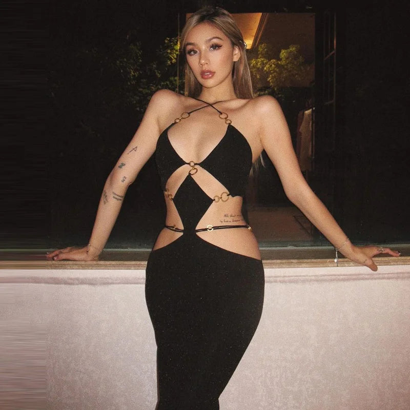 Strapless Metal Ring Cut Out Maxi Dress Women Black Halter Low Cut Backless Hollow Out Bodycon Sexy Party Long Dress