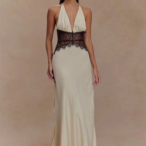 Load image into Gallery viewer, Summer Backless Sexy Maxi Dress Women Gown Patchwork Lace Halter Deep V Neck Sleeveless High Waist Elegant Long Dress
