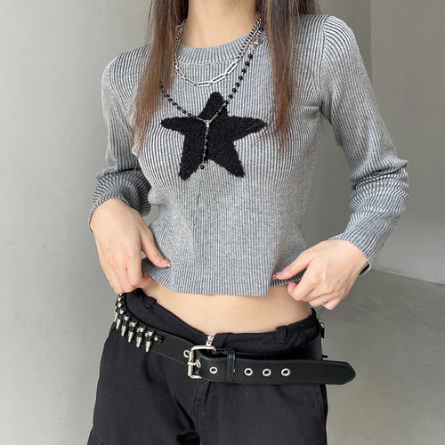 Load image into Gallery viewer, Korean Fashion Star Patched Autumn Sweater Knitted Casual Cute Crop Top Pullover Slim Preppy Style Knitwear Jumpers
