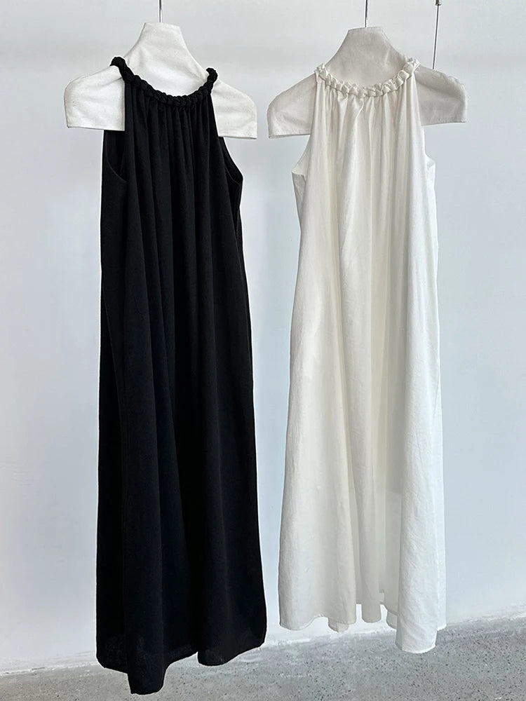 Women White Blue Knot Elegant Big Size Long Vest Dress New Halter Sleeveless Fashion Tide Spring Summer 2025 1DJ1282