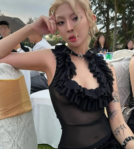 Harajuku Gauze Ruffled U Neck Tees Women Y2k Aesthetic Solid Vintage Sleeveless T-Shirt Streetwear See Through Grunge Slim Tops