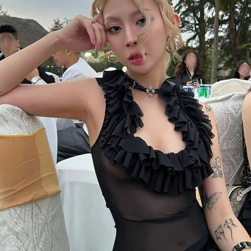 Load image into Gallery viewer, Harajuku Gauze Ruffled U Neck Tees Women Y2k Aesthetic Solid Vintage Sleeveless T-Shirt Streetwear See Through Grunge Slim Tops
