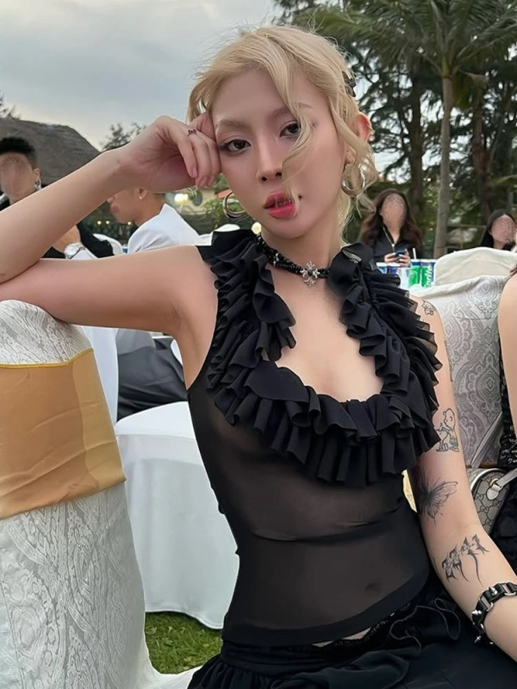 Harajuku Gauze Ruffled U Neck Tees Women Y2k Aesthetic Solid Vintage Sleeveless T-Shirt Streetwear See Through Grunge Slim Tops