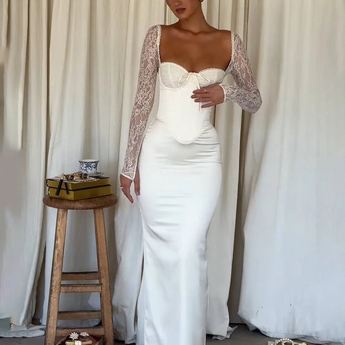 Load image into Gallery viewer, Lace Long Sleeve Sexy Maxi Dress For Women White Square Collar Backless Back Split Bodycon Club Party Long Dress
