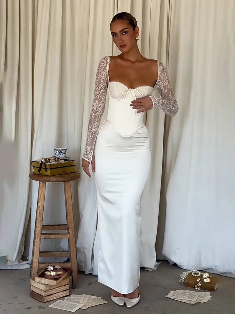 Lace Long Sleeve Sexy Maxi Dress For Women White Square Collar Backless Back Split Bodycon Club Party Long Dress