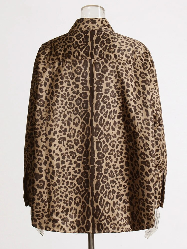 Colorblock Leopard Printing Casual Denim Coats For Women Lapel Long Sleeve Loose Spliced Button Coat Female Fahion