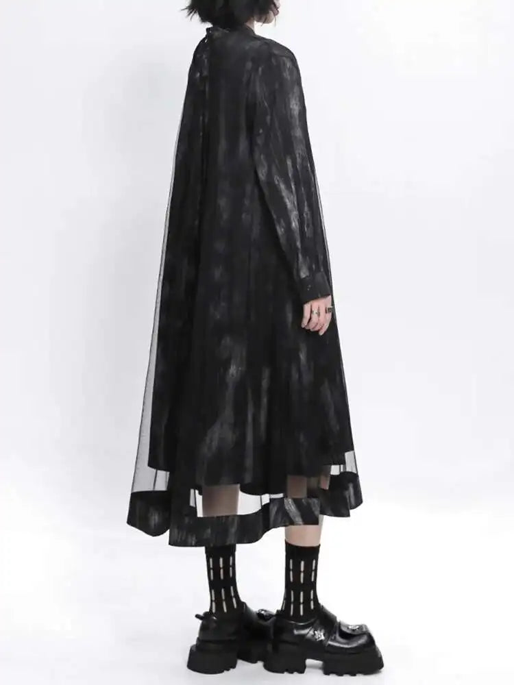 Women Black Hollow Out Mesh Spliced Big Size Dress New Stand Collar Long Sleeve Fashion Tide Spring Autumn 2025 1DJ0051