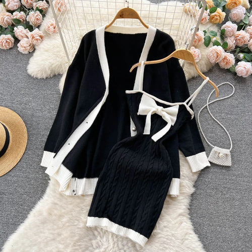 Load image into Gallery viewer, Autumn Winter Patchwork Knit Sweater Suit Single Breasted Cardigan Top+ Strap Bow Twist Bodycon Slip Dress Women Warm Sets Trend
