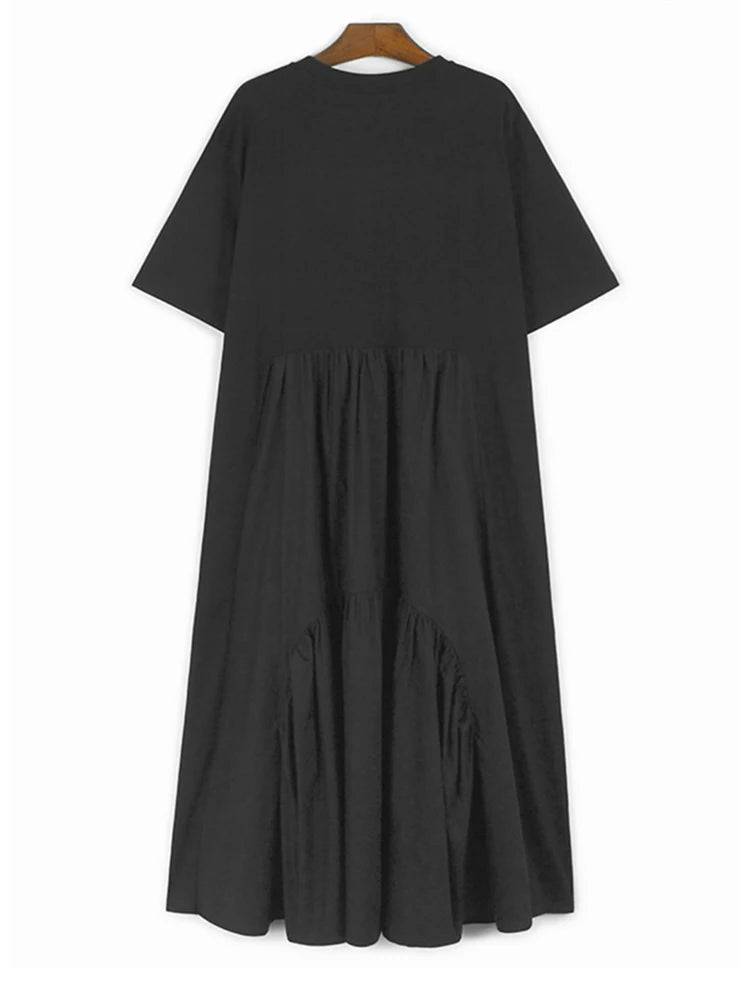 Women Khaki Pleated Spliced Big Size Midi Casual Dress New Round Neck Short Sleeve Fashion Tide Spring Summer 2025 1DH9811