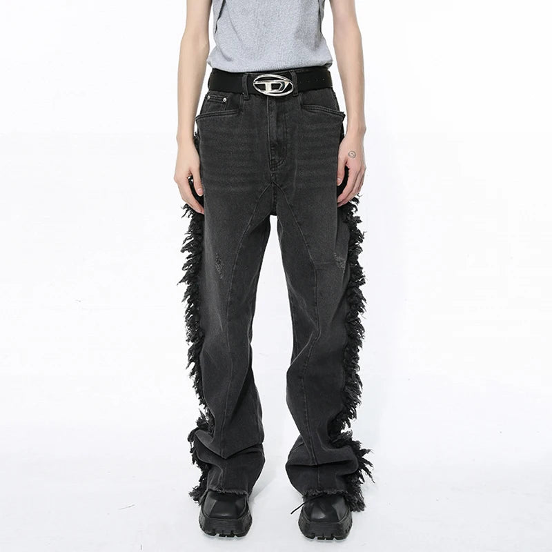 Men's Jeans High Street Autumn Personalized Ragged Edge Splicing Denim Pants Niche Design Male Trousers 9C5093