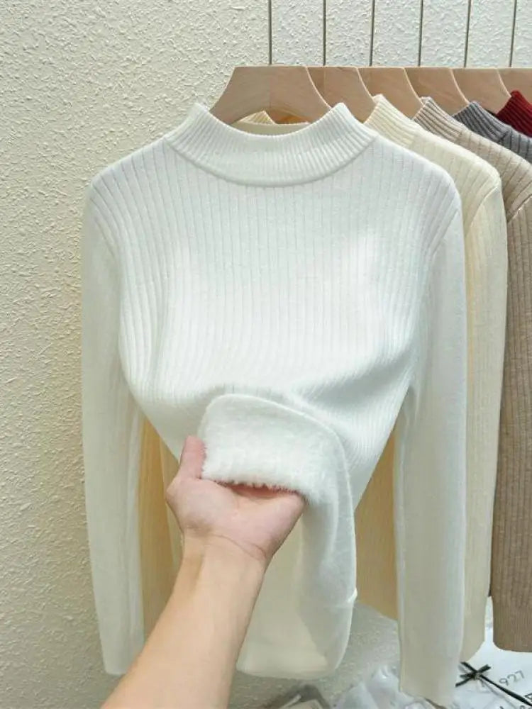 Autumn Winter Korean Fashion Solid Half High Neck Velvet Knitted Sweater Women Warm Long Sleeve Pullovers Top Versatile Clothing