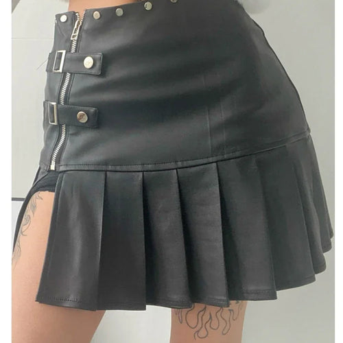 Load image into Gallery viewer, Spring Summer Sexy Retro White Black Pu Leather Mini Pleated Skirt Women Zipper Rivet Side Slit Short Designer Clothes
