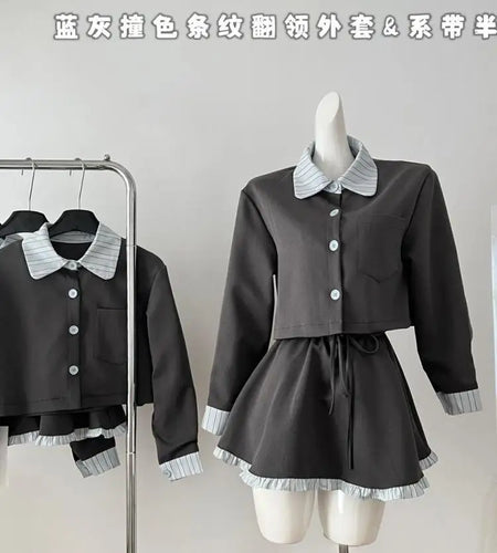 Vintage Women Autumn Gray Blue Striped Long Sleeved Single Breasted Top And High Waist Ruffles Pleated Short Skirt Two-piece Set