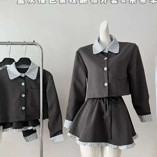 Load image into Gallery viewer, Vintage Women Autumn Gray Blue Striped Long Sleeved Single Breasted Top And High Waist Ruffles Pleated Short Skirt Two-piece Set
