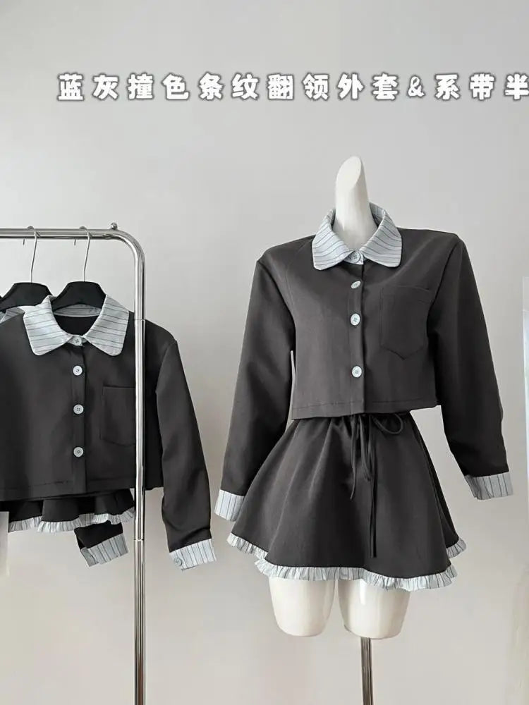 Vintage Women Autumn Gray Blue Striped Long Sleeved Single Breasted Top And High Waist Ruffles Pleated Short Skirt Two-piece Set