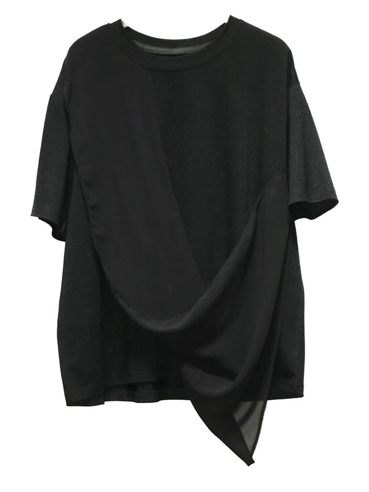 Women White Irregular Pleated Big Size Casual T-shirt New Round Neck Short Sleeve Fashion Tide Spring Summer 2025 1DJ0214