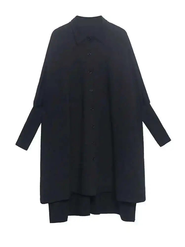 Women Black Irregular Big Size Long Blouse New Lapel Long Sleeve Loose Fit Shirt Fashion Tide Spring Autumn 2025 1DF0333