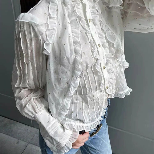 Load image into Gallery viewer, Solid Patchwork Diamonds Elegant Blouses For Women Stand Collar Long Sleeve Splicced Ruffles Blouse Female Fashion
