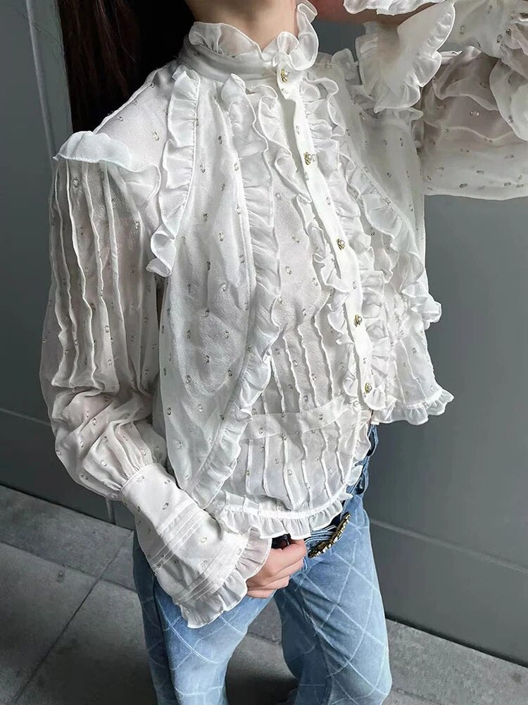 Solid Patchwork Diamonds Elegant Blouses For Women Stand Collar Long Sleeve Splicced Ruffles Blouse Female Fashion