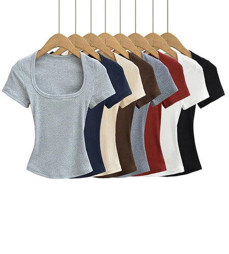 Square Collar High Stretch Summer Crop Tops Women Short Sleeve Tops Sexy Pullover Bottoming Blouses Slim T-shirt