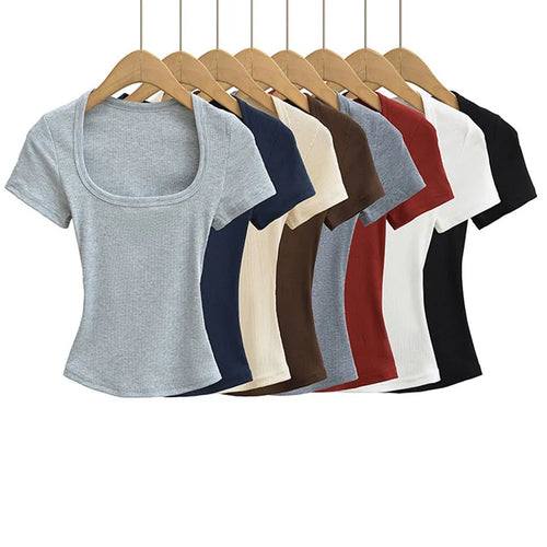 Load image into Gallery viewer, Square Collar High Stretch Summer Crop Tops Women Short Sleeve Tops Sexy Pullover Bottoming Blouses Slim T-shirt
