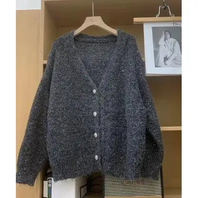 Load image into Gallery viewer, Women Gray Single Breasted Knitted Cardigan Loose Sweater 2024 Autumn Winter Holiday V Neck Long Sleeve Tops Casual Popular Chic
