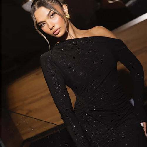 Load image into Gallery viewer, Sparkle Long Sleeve Sexy Maxi Dress For Women Inclined Shoulder Backless Bodycon Ruched Club Party Sexy Long Dress
