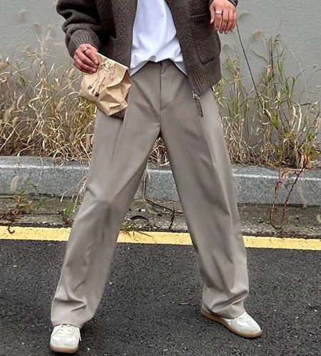 Men's Casual Pants New Korean Style Pleated Design Solid Color Stylish Male Trousers Trend 2025 Summer Loose Fitting 9W1978