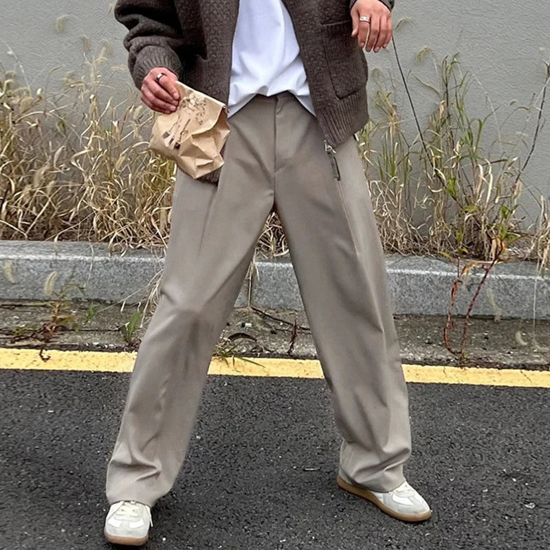 Men's Casual Pants New Korean Style Pleated Design Solid Color Stylish Male Trousers Trend 2025 Summer Loose Fitting 9W1978