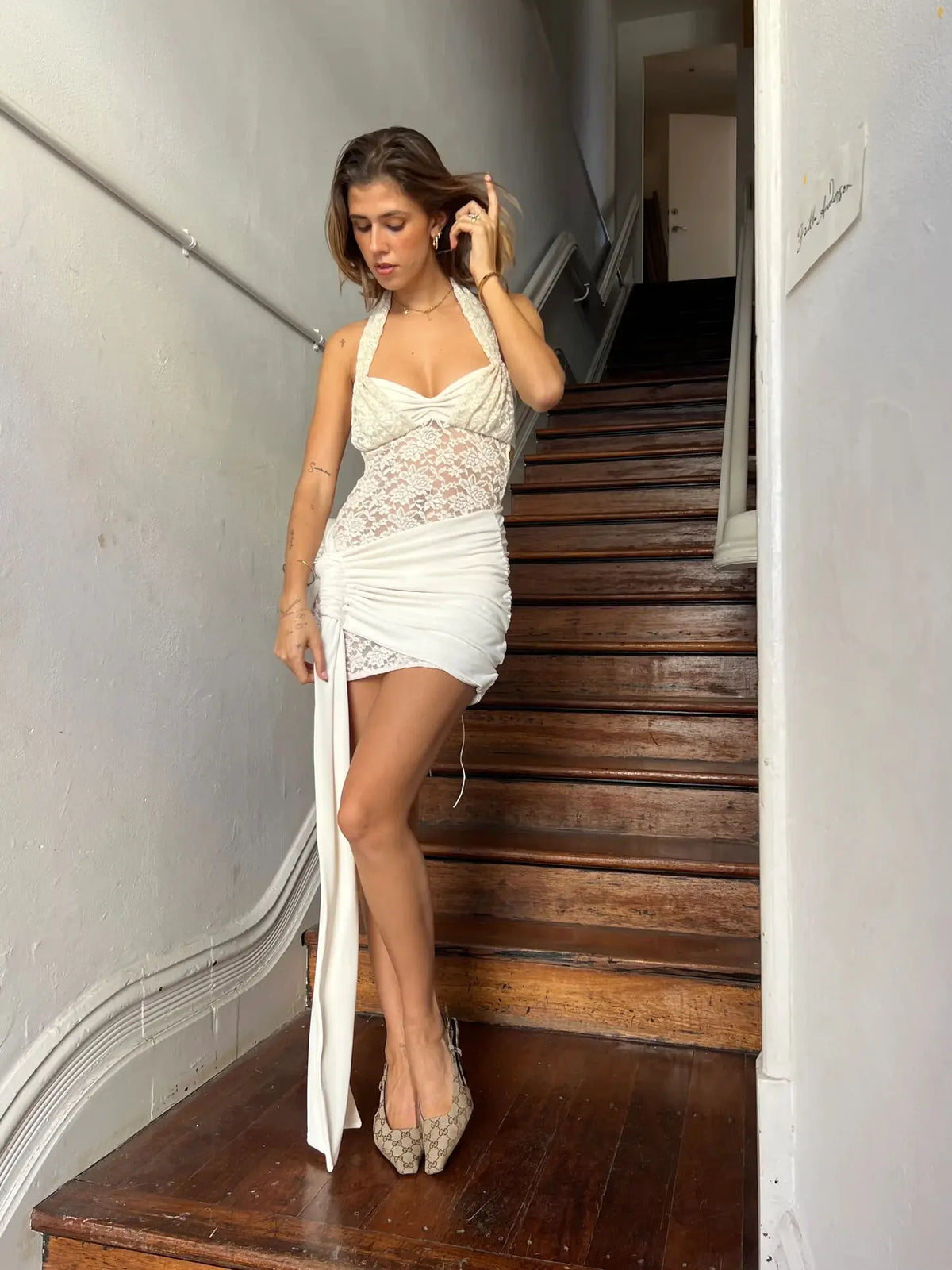 Sexy Lace Sleeveless Patchwork Lace Up Tight Dress Women's Backless Hollow Out Slim Skirt Summer Party Holiday Beach