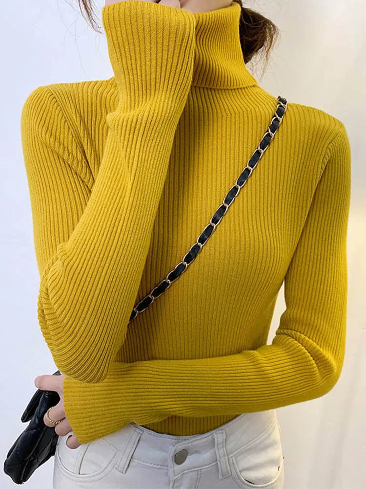 New 2025 Women Pullover Turtleneck Sweater Autumn Long Sleeve Slim Elastic Korean Simple Basic Cheap Jumper Solid Color Top