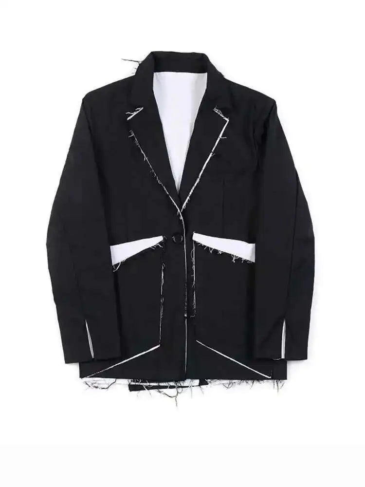 Women Black Color-block Burr Big Size Blazer New Lapel Long Sleeve Loose Fit Jacket Fashion Spring Autumn 2025 1DF1116