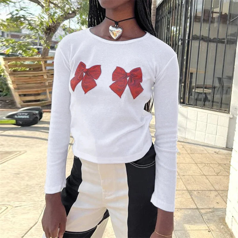 y2k Crop Top 2000s Women Graphic Cherry/Cake Print Round Neck Long Sleeve T Shirt Aesthetic Clothing White Streetwear