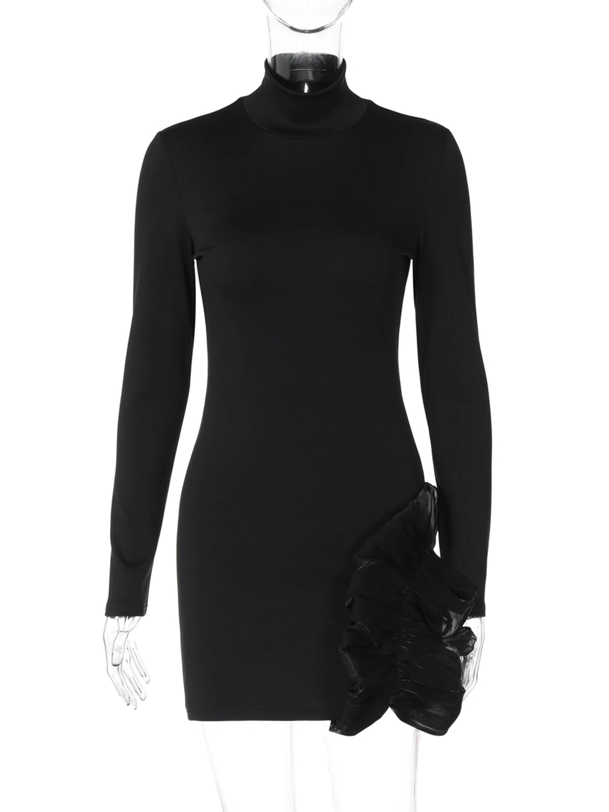 Elegant Turtleneck Long Sleeve Buttons Patchwork Ruched Sexy Bodycon Mini Dress Women Y2K Outfit Evening Party Birthday