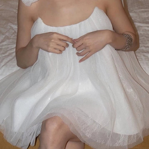 Load image into Gallery viewer, Solid Spliced Appliques Loose Mini Dresses For Women Strapless Sleeveless High Waist Temperament Dress Female New
