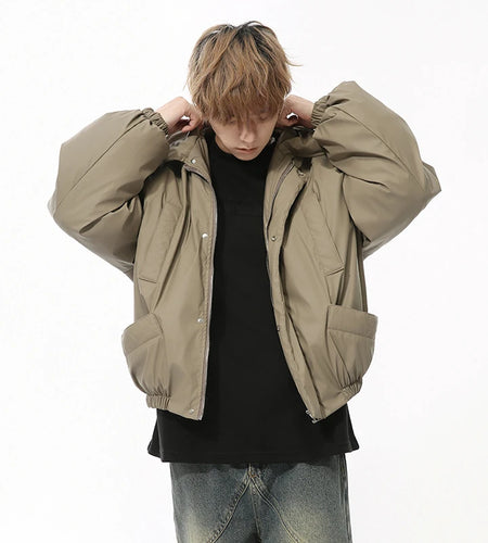 Korean Style Men's Padded Jackets Lapel PU Leather Multi-pocket Solid Color Loose Thickened Casual Male Cotton Coats 9C8740