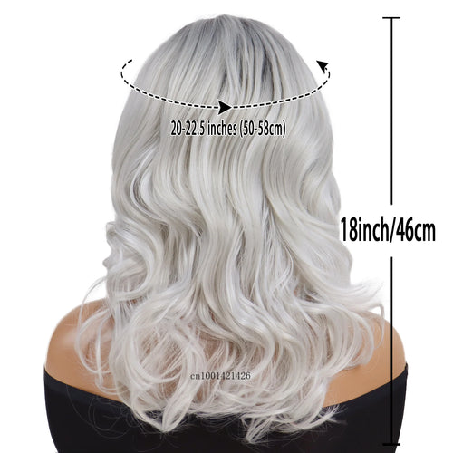 Load image into Gallery viewer, Synthetic Wigs for Women Long Curly Wavy Wig Ombre Silver Grey Wigs with Dark Roots Body Wave Wig Natural Hairstyles Mommy Wig
