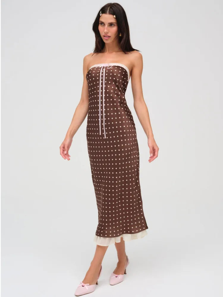 Sexy Strapless Backless Lace Up Hollow Out Mid Length Dress Women Polka Dot Print SummerNew 2025 Holiday Beach Vestido
