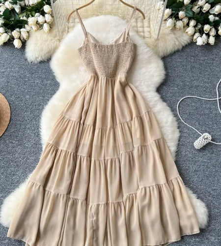 Summer New Women's Fashion Khaki Sequin Sleeveless Ruffles Prom Slip Dress Sexy Elegant Backless Pleated Party Evening Dresses