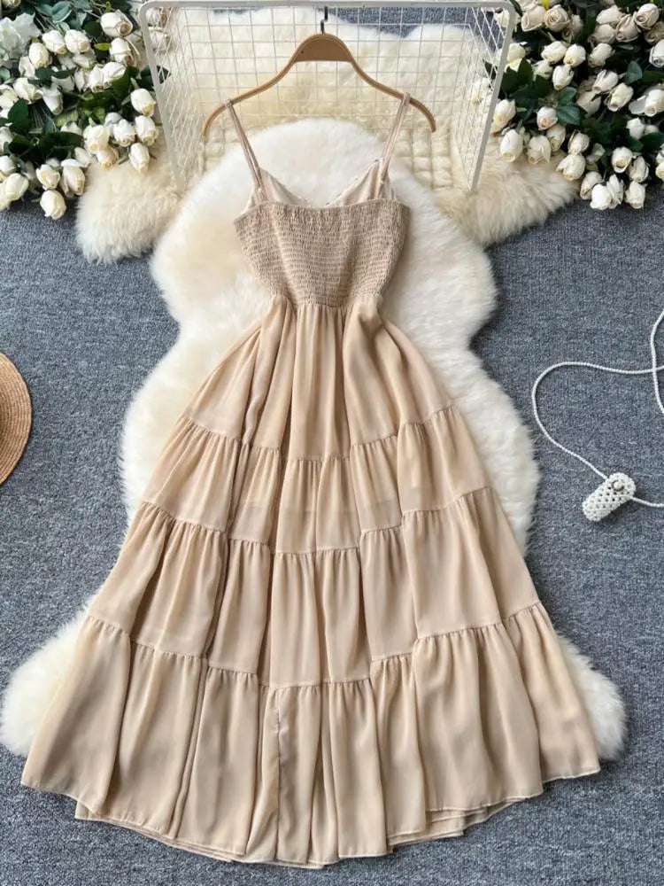 Summer New Women's Fashion Khaki Sequin Sleeveless Ruffles Prom Slip Dress Sexy Elegant Backless Pleated Party Evening Dresses