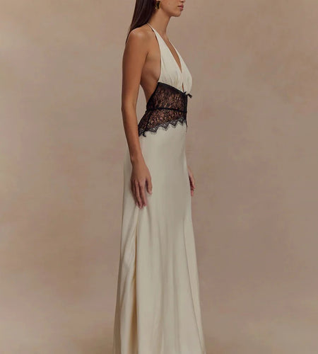 Summer Backless Sexy Maxi Dress Women Gown Patchwork Lace Halter Deep V Neck Sleeveless High Waist Elegant Long Dress