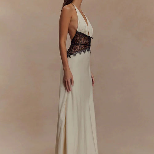 Load image into Gallery viewer, Summer Backless Sexy Maxi Dress Women Gown Patchwork Lace Halter Deep V Neck Sleeveless High Waist Elegant Long Dress
