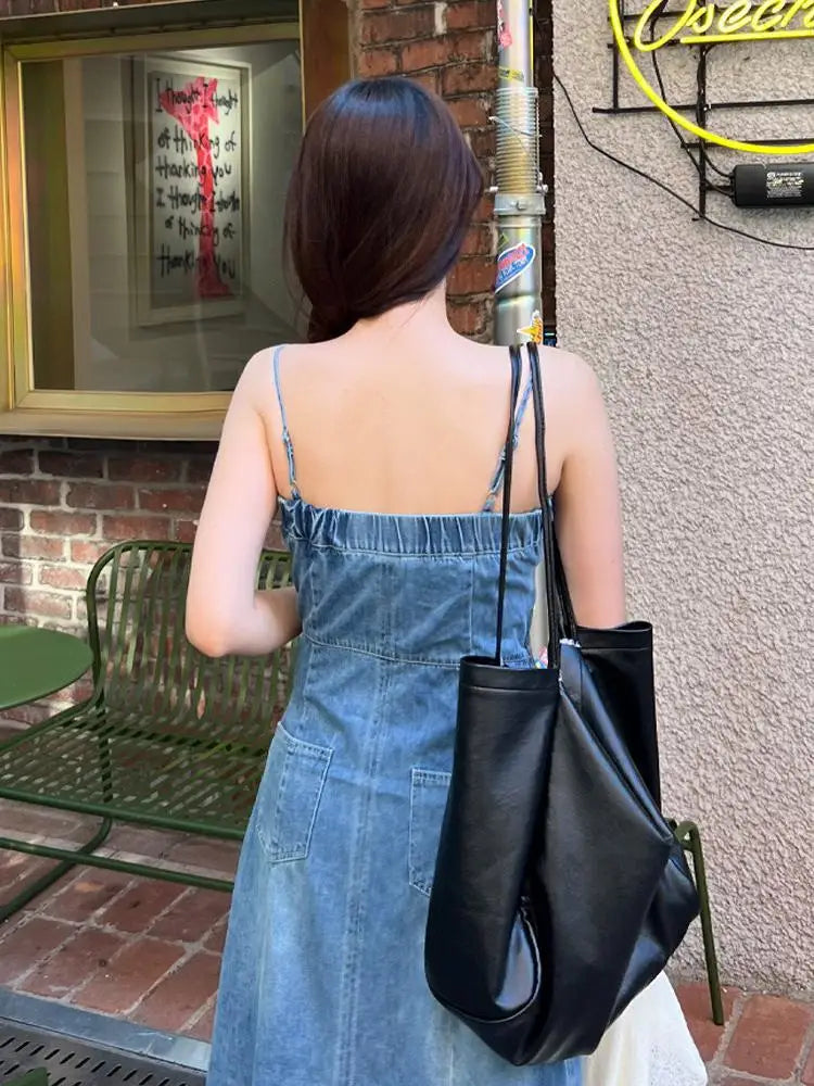 Vintage Sleeveless Backless Denim Long Dress Women Hot Summer High Waist Sexy Ladies Dresses Party Club Trendy Womens Clothes