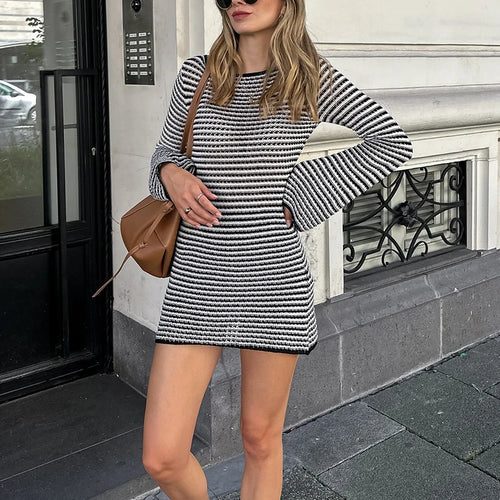 Load image into Gallery viewer, Striped Knit Mini Dress For Women Autumn Winter New O Neck Long Sleeve Contrast Color High Waist Beach Sexy Dress New
