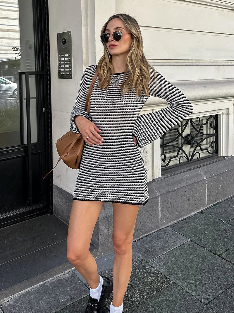 Striped Knit Mini Dress For Women Autumn Winter New O Neck Long Sleeve Contrast Color High Waist Beach Sexy Dress New