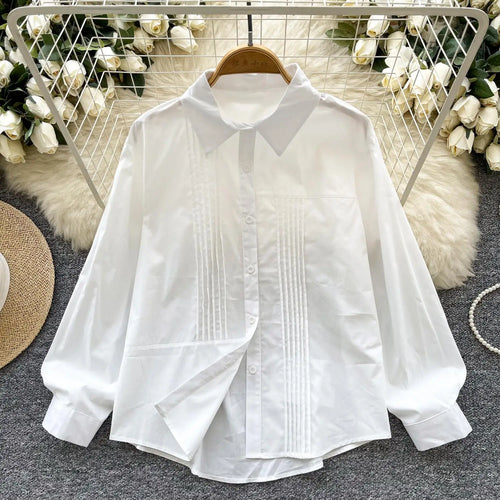 Load image into Gallery viewer, Spring Solid Single Breasted Long Sleeved Holiday Cardigan Shirt Women Loose Versatile Office Lady Pleated Blouse Simplicity New

