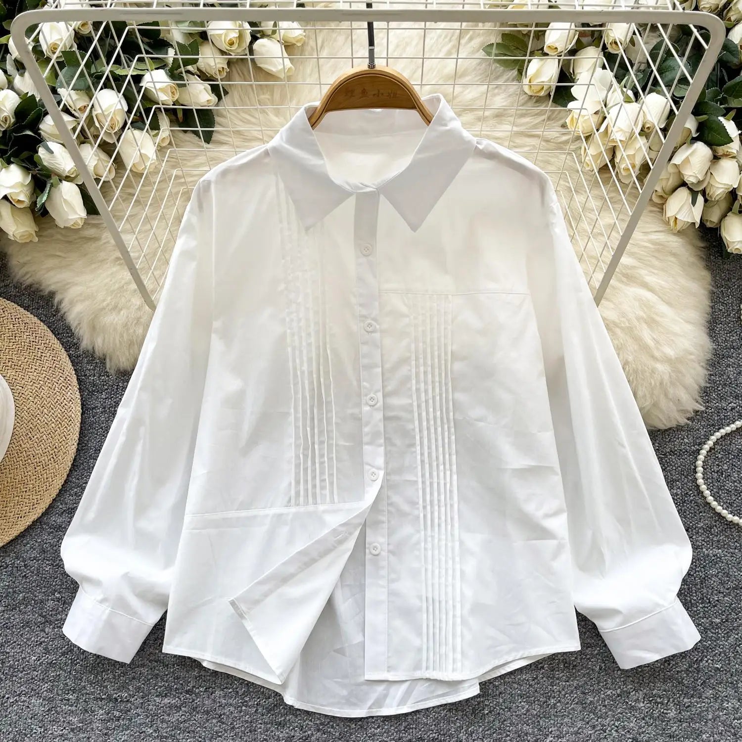 Spring Solid Single Breasted Long Sleeved Holiday Cardigan Shirt Women Loose Versatile Office Lady Pleated Blouse Simplicity New