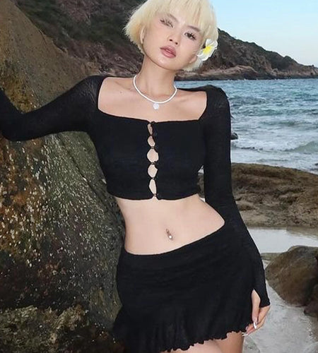 Women Elegant 2 Pcs Sets White Square Collar Long Sleeve Buttons Sexy Crop Top Skirts Y2K Outfits Birthday Festival