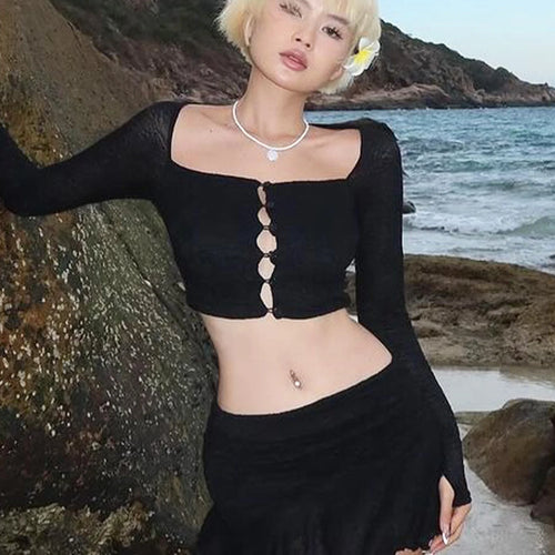 Load image into Gallery viewer, Women Elegant 2 Pcs Sets White Square Collar Long Sleeve Buttons Sexy Crop Top Skirts Y2K Outfits Birthday Festival
